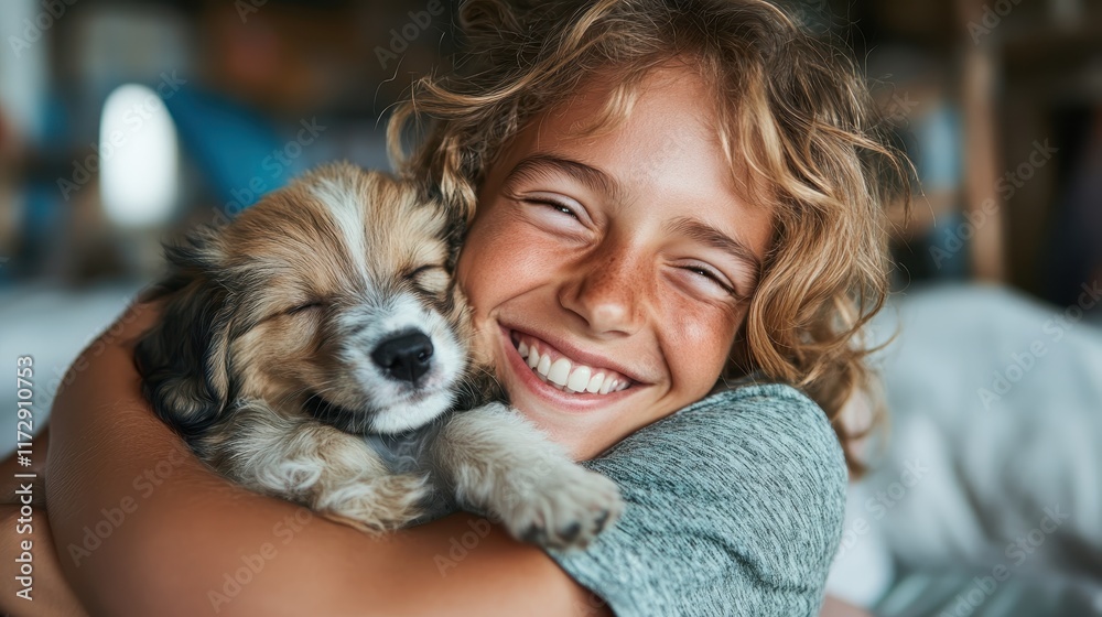 A young girl beams with joy as she hugs a sleeping puppy, creating a serene and heartwarming scene of friendship and affection. Captures warmth and innocence. A young girl beams with joy as she hugs a sleeping puppy, creating a serene and heartwarming scene of friendship and affection. Captures warmth and innocence.