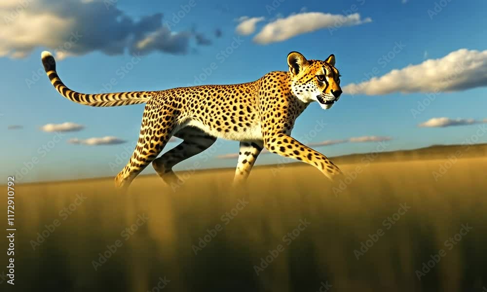 Cheetah in mid-leap across golden savanna grasslands under a vibrant blue sky.
