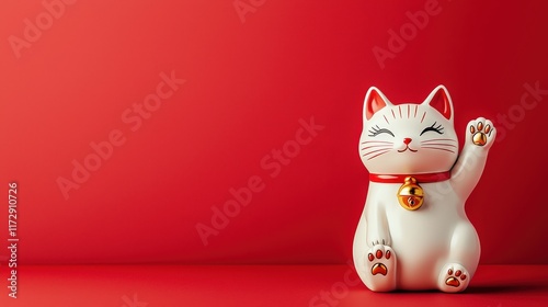Lucky cat figurine waving with a golden paw, vibrant red background