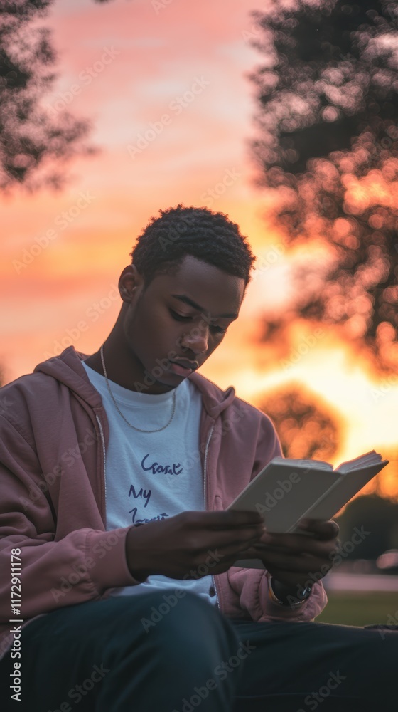 Obraz premium A young man sits peacefully in a park, deeply engrossed in a book as the sun sets behind him, casting a warm glow through the trees, creating a serene atmosphere