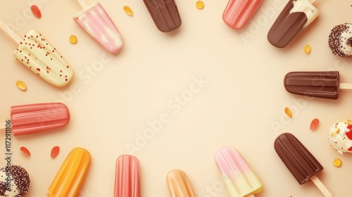 A summer concept banner featuring a colorful assortment of ice cream popsicles on a soft beige background.