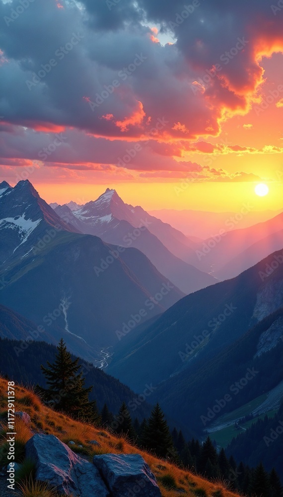 Obraz premium Golden hues fade into blue as mountains meet the sky, sunset, landscape