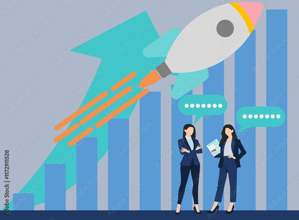 Obraz premium 経営戦略を考えるビジネスウーマンのイラスト