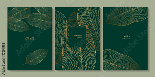 Set of floral templates with linear leaves texture. Luxury dark green backgrounds with golden leaf veins. Botanical posters