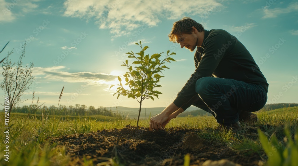 Fototapeta premium A man kneels in a grassy field, carefully planting a young tree as the sun sets behind him. The sky is filled with vibrant colors, symbolizing hope and a commitment to the environment