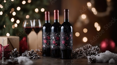 Wallpaper Mural Three bottles of red wine with decorative labels are displayed on a rustic wooden table surrounded by holiday decorations Torontodigital.ca