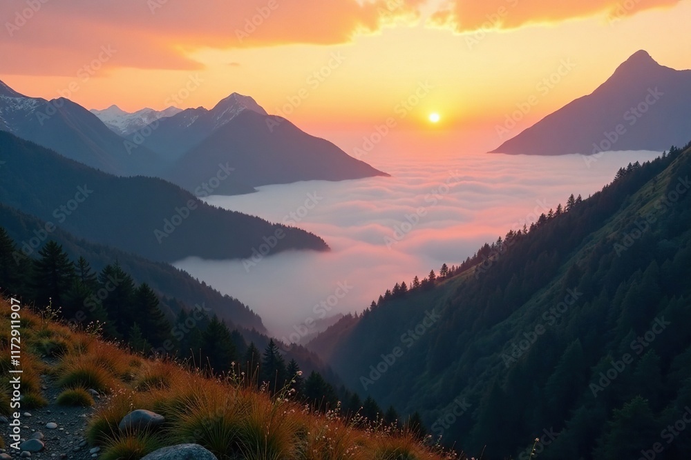 Obraz premium Morning mist clings to mountainsides as sun rises above the horizon, landscape photography, morning fog