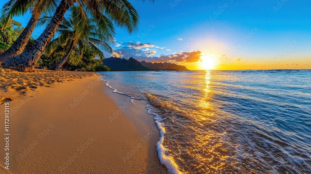 A photostock of a serene ocean sunrise with gentle waves and a sandy beach, perfect for travel and relaxation themes. High Quality A photostock of a serene ocean sunrise with gentle waves and a sandy beach, perfect for travel and relaxation themes. High Quality