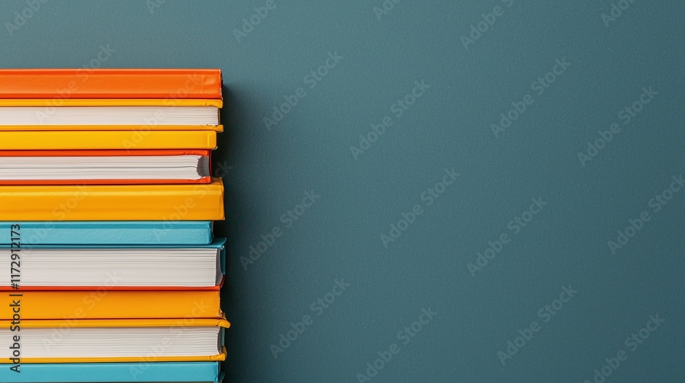 Stack of colorful books against a teal background. Stack of colorful books against a teal background.