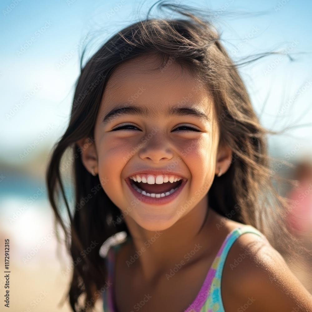 A young girl laughs heartily at the beach, her hair blowing in the warm breeze. The sun shines brightly as she embraces the joyous moment and playful atmosphere around her A young girl laughs heartily at the beach, her hair blowing in the warm breeze. The sun shines brightly as she embraces the joyous moment and playful atmosphere around her