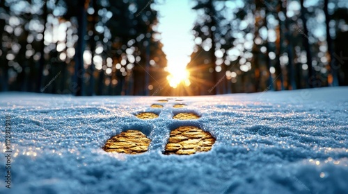 A photostock of a snowy winter forest illuminated by soft golden sunlight, with footsteps trailing through the fresh white snow, symbolizing peace and exploration. High Quality photo