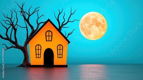 A photostock of a spooky haunted house glowing under a full moon with eerie lighting and leafless trees, perfect for Halloween visuals. High Quality