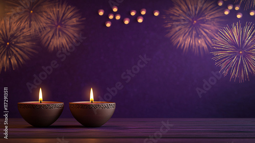 A Diwali-themed wallpaper featuring lit oil lamps on a purple background, with space for text, perfect for banners, cards, or festive product displays.

 photo