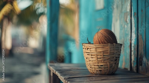 A tropical coconut resting in a wooden basket on a wooden table, evoking a beachy vibe.