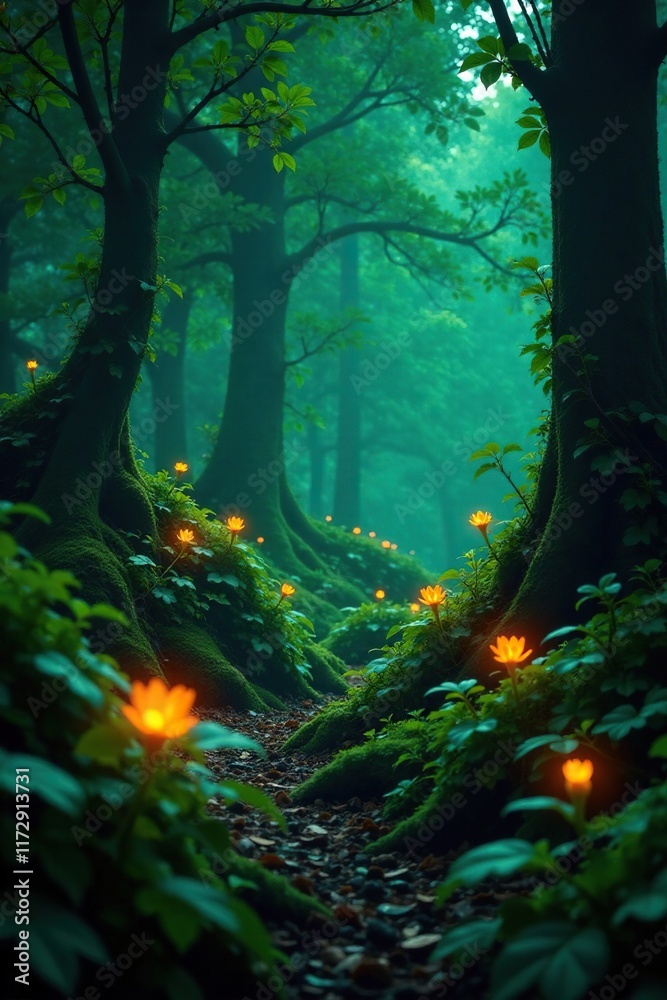 Green and orange glowing tendrils weaving through a darkened forest, bioluminescent plants, orange accents Green and orange glowing tendrils weaving through a darkened forest, bioluminescent plants, orange accents