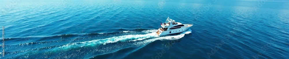 Small white yacht cuts through the calm surface of the vast blue sea, water, blue Small white yacht cuts through the calm surface of the vast blue sea, water, blue