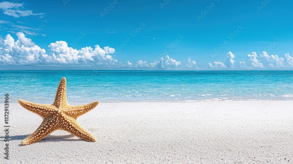 A photostock of a starfish resting on a pristine sandy beach under soft morning sunlight, perfect for tropical and vacation themes. High Quality A photostock of a starfish resting on a pristine sandy beach under soft morning sunlight, perfect for tropical and vacation themes. High Quality