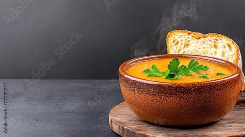 A photostock of a steaming bowl of hot soup served with fresh bread on a rustic wooden table, symbolizing warmth, comfort, and home-cooked meals. High Quality