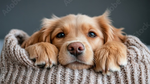 An endearing golden retriever puppy lays comfortably in a knitted tan blanket, exuding warmth and cuddliness with gentle, loving eyes and a peaceful demeanor. photo