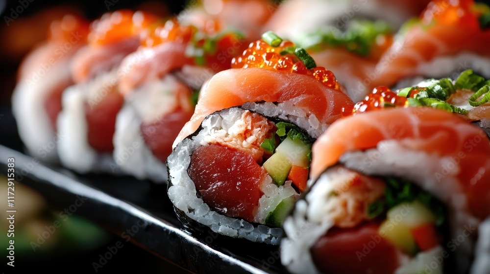 A detailed view of sushi rolls featuring fresh salmon, tuna, cucumber, and roe, beautifully arranged to showcase their vibrant colors and textures. A detailed view of sushi rolls featuring fresh salmon, tuna, cucumber, and roe, beautifully arranged to showcase their vibrant colors and textures.