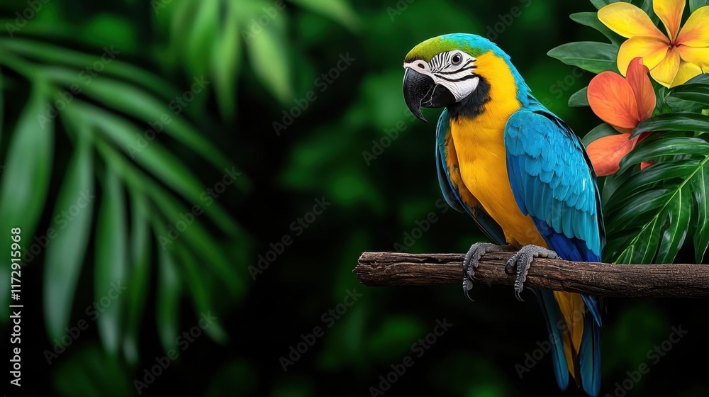 Obraz premium A photostock of a tropical bird perched on a colorful floral branch, surrounded by lush greenery, symbolizing exotic beauty and nature's diversity. High Quality