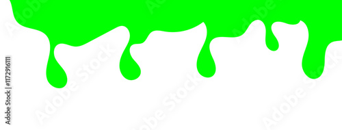 Dripping green goo with splashes and blot effects. Mucus texture blobs. Flat vector illustration isolated on white background. Green slime splashes, Cartoon set of fluid mucus drops