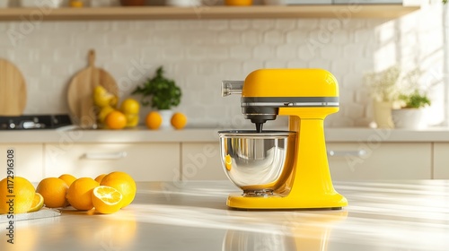 A vibrant yellow mixer on a kitchen counter with fresh lemons nearby, ready for baking. photo