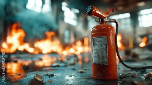 An intense scene depicting a red fire extinguisher placed against a chaotic backdrop of blazing flames inside a warehouse, representing resilience and emergency response. photo