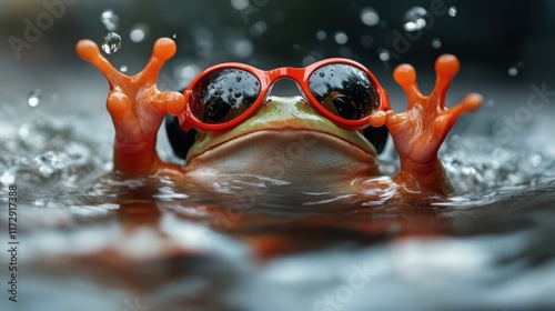 A delightful scene of a frog with red sunglasses joyfully splashing in water, highlighting fun and excitement with droplets captured mid-air around the frog's hands.