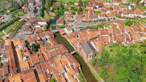 Aerial view of a picturesque Saint-Jean-Pied-de-Port town in France