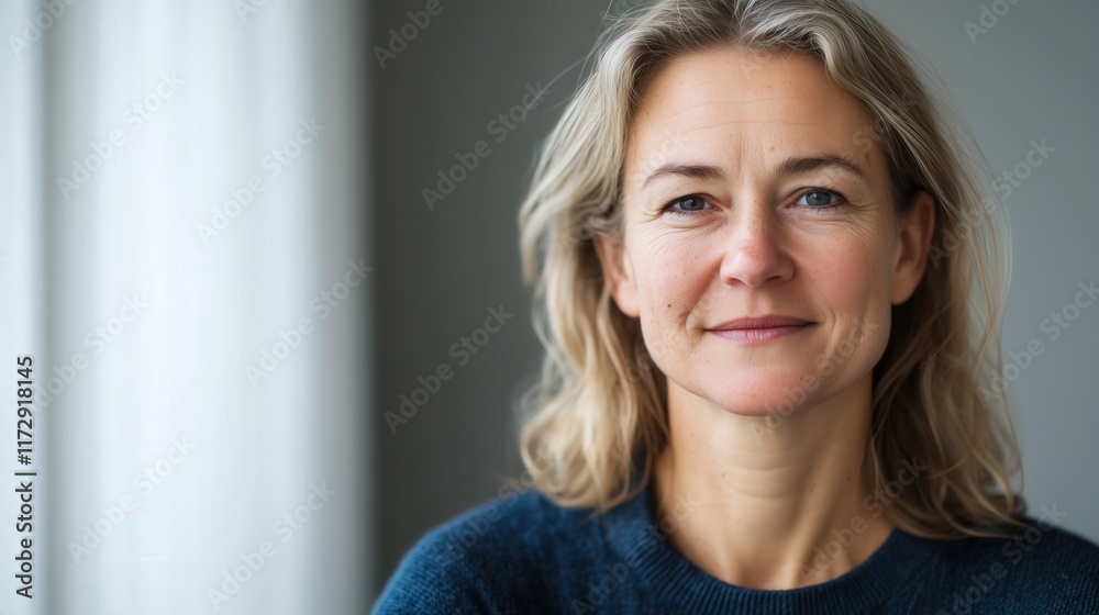 A natural and confident portrait of a middle-aged woman with blond hair, wearing a blue sweater, captured in soft natural light against a simple, with copy space. A natural and confident portrait of a middle-aged woman with blond hair, wearing a blue sweater, captured in soft natural light against a simple, with copy space.