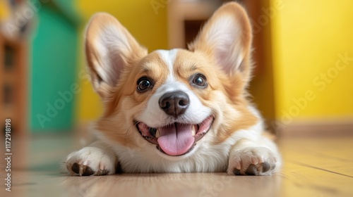 A lively Corgi puppy with a wide smile sits on a wooden floor, exhibiting joy and playfulness, symbolizing the happiness and vibrancy of pet ownership.