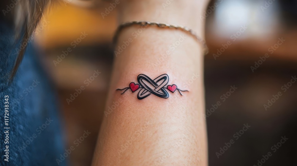 Obraz premium An elegant infinity tattoo is inked on the wrist, featuring two intertwined hearts, symbolizing eternal love and connection, drawn with precise lines and fine details.