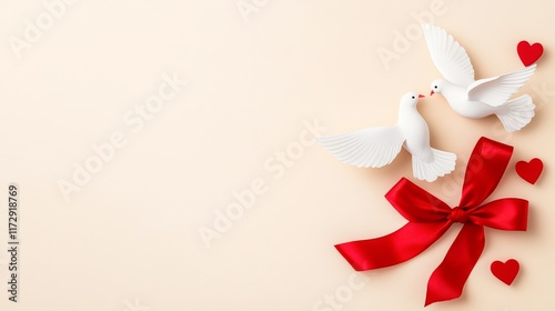 A pair of white doves near a vibrant red ribbon and small hearts create a romantic ambiance, perfect for wedding invitations, Valentine's Day cards, or love-themed decorations, photo