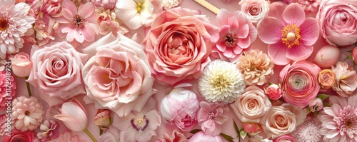 Soft, blooming peonies and roses in pastel shades, adding a delicate and feminine touch. MZ