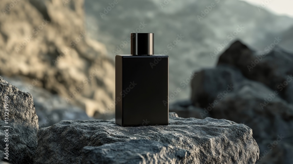 A sleek black perfume bottle positioned on a rocky surface in a natural landscape. A sleek black perfume bottle positioned on a rocky surface in a natural landscape.