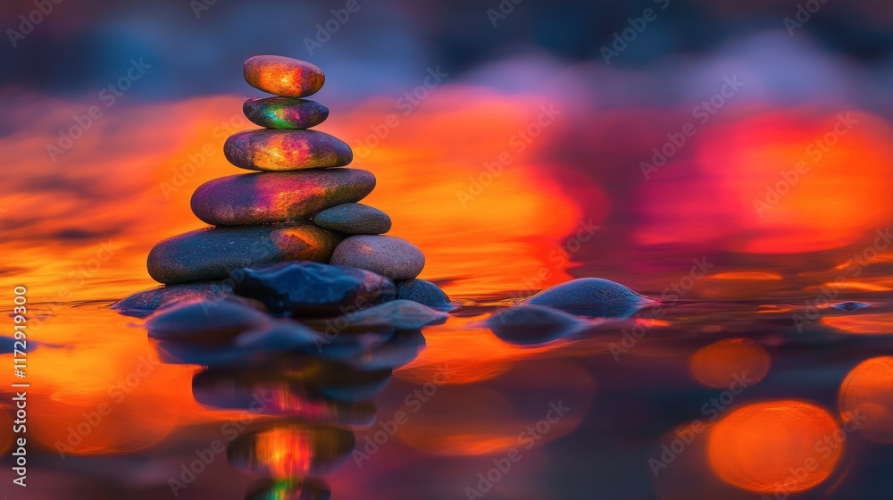 Obraz premium A zen-inspired pebble stack reflecting colorful hues, with gentle ocean waves in the background.