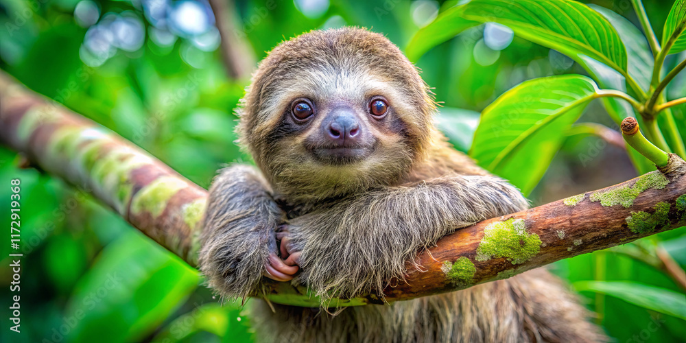 A sloth is comfortably perched on a tree branch, surrounded by vibrant green foliage. Its eyes are wide open, showcasing its calm demeanor in a tropical environment A sloth is comfortably perched on a tree branch, surrounded by vibrant green foliage. Its eyes are wide open, showcasing its calm demeanor in a tropical environment
