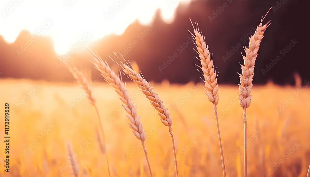 Fototapeta premium Golden wheat fields at sunset nature photography serene landscape warm atmosphere close-up view rural beauty for seo impact
