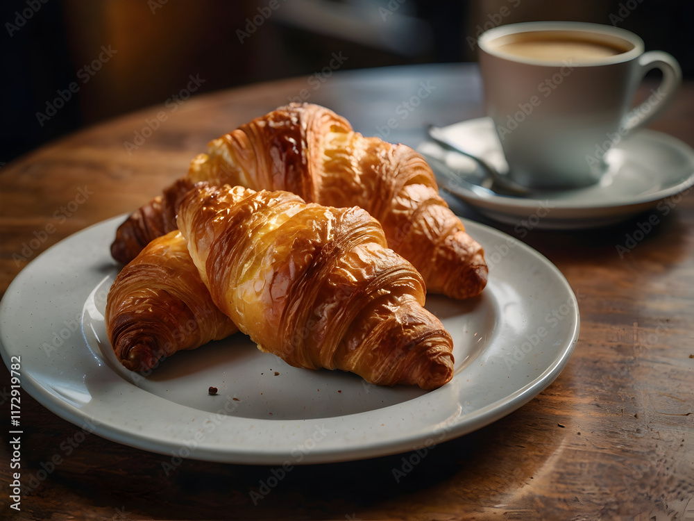 Coffee and Croissants: the pairing of rich, buttery croissants with aromatic coffee in a cozy, vibrant café. Focus on the textures, flavors, and ambiance of enjoying this pairing. Coffee and Croissants: the pairing of rich, buttery croissants with aromatic coffee in a cozy, vibrant café. Focus on the textures, flavors, and ambiance of enjoying this pairing.