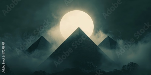 Majestic pyramids under a full moon surrounded by misty clouds at night photo