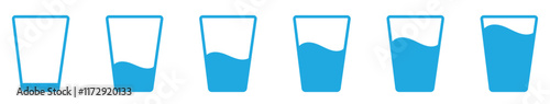 Water glass icon set in blue color on white background. Full and empty glass of water flat icon set.  Glass with water isolated set. Drinking water glass icon.  Drink glass icon collection in color. 
