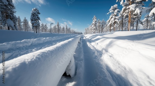 A snow-blanketed landscape with a pipeline running through, illustrating the intersection of nature and technology in a pristine, wintry environment. photo