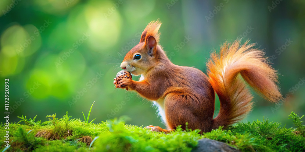 A red squirrel is seen holding an acorn while standing on moss in a sunlit forest. The background features blurred greenery, highlighting the natural habitat and the squirrel's vibrant fur A red squirrel is seen holding an acorn while standing on moss in a sunlit forest. The background features blurred greenery, highlighting the natural habitat and the squirrel's vibrant fur