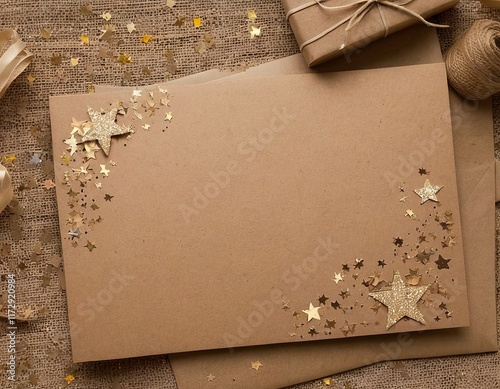 A festive arrangement with golden star confetti on craft paper, perfect for celebrations.