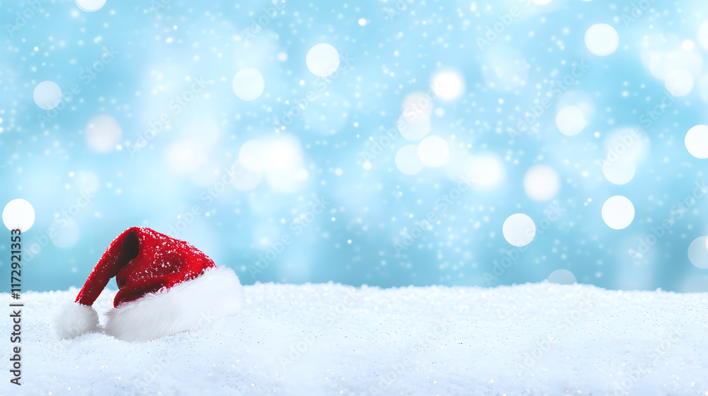 Santa Hat in Snow with Festive Bokeh on Blue Background Santa Hat in Snow with Festive Bokeh on Blue Background
