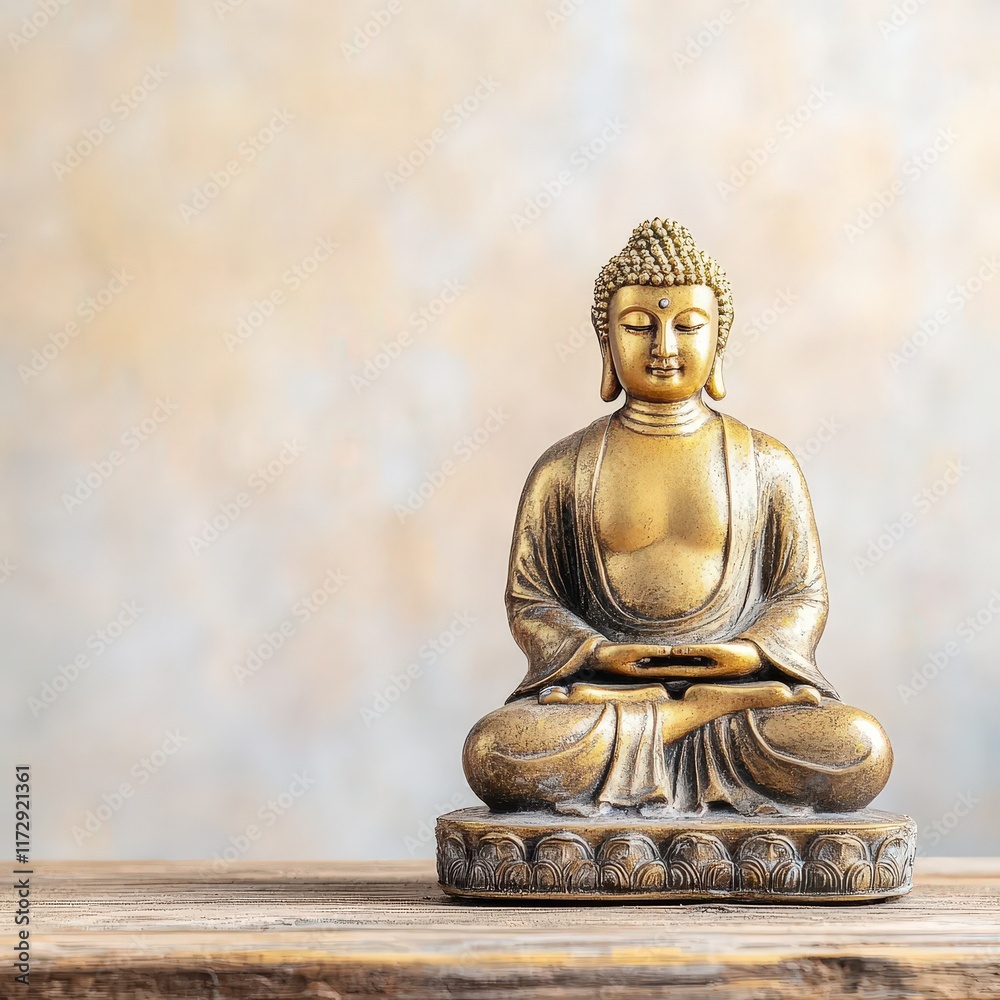 Miniature gold Buddha statue on a wooden base, neutral backdrop Miniature gold Buddha statue on a wooden base, neutral backdrop