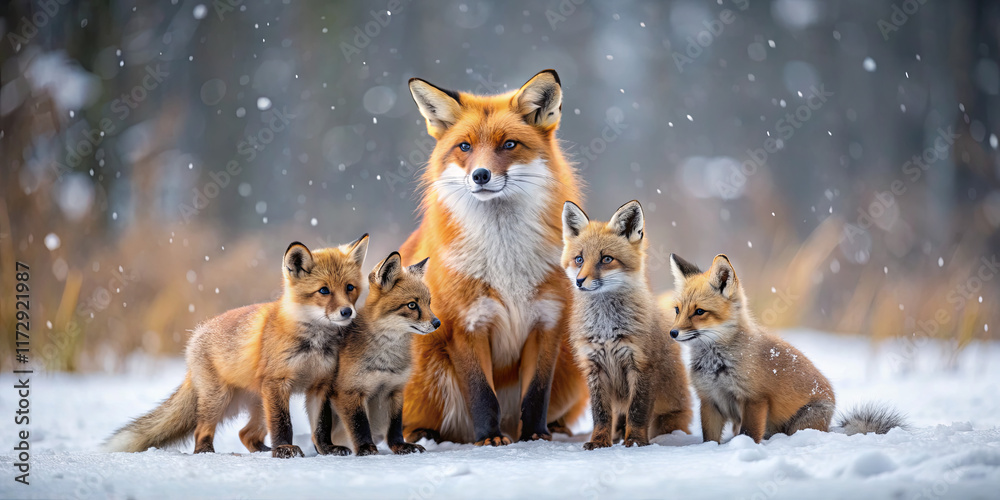 Fototapeta premium A mother red fox stands proudly with her five playful kits in a snowy forest. Flakes fall gently around them, creating a peaceful winter atmosphere as they bond