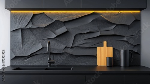 A contemporary black kitchen wall with matte black cabinets, a textured black stone backsplash photo