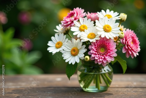 Fresh chamomile flowers in a loose, organic bouquet on a garden table, dahlias, organic